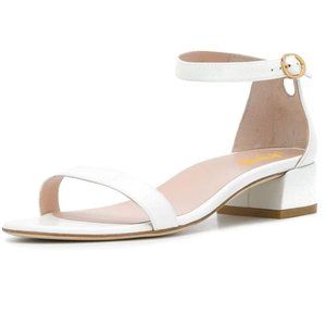 XYD White Open Toe Strappy Low Block Heel Ankle Strap Buckle Sandal